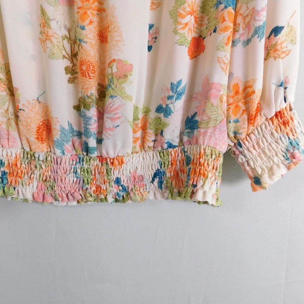Rose + Olive Floral Smocked Blouse Cream Orange Pink Blue Long Sleeve Large - Picture 5 of 10